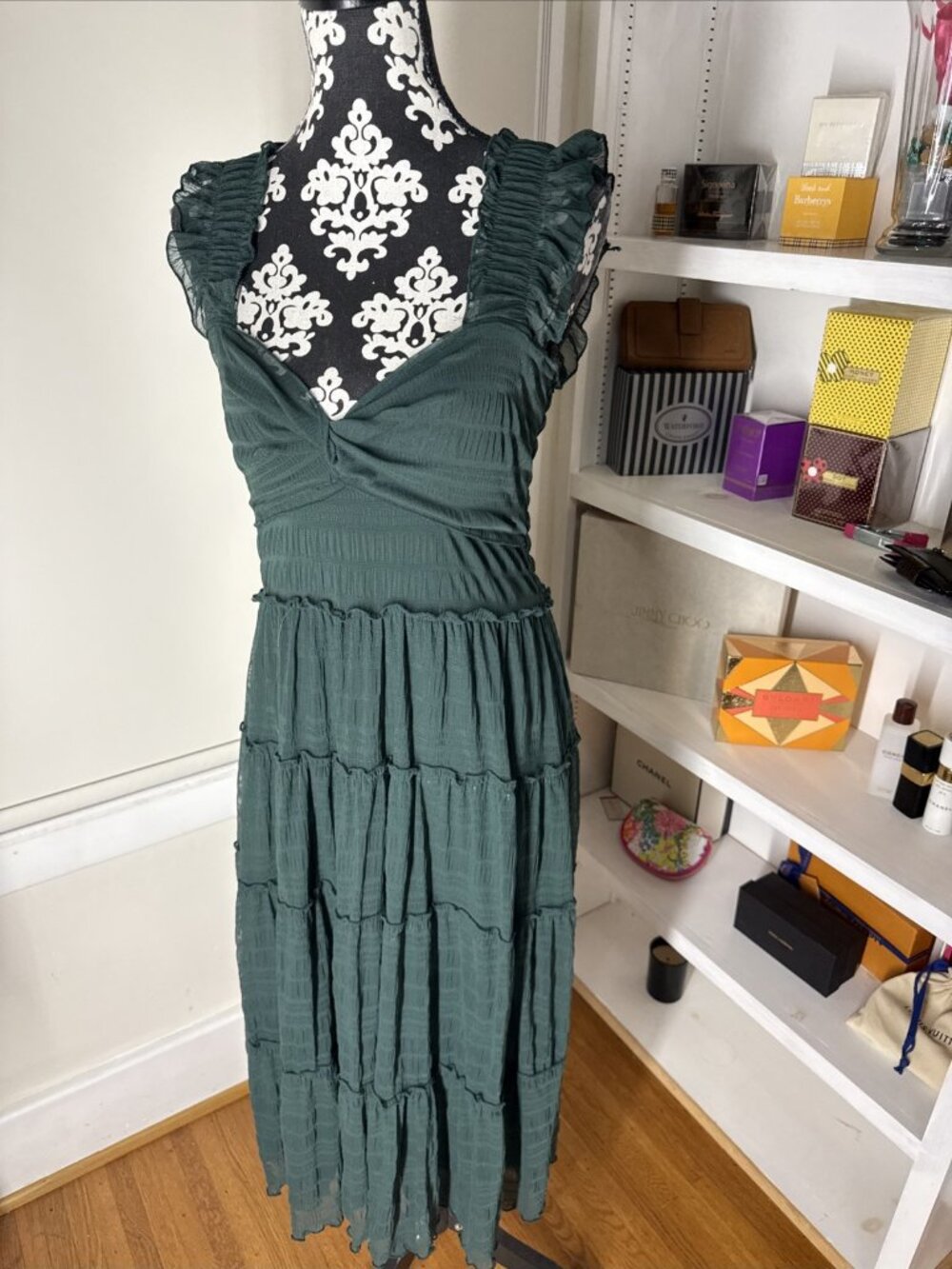 Max Studio Women's Textured Mesh Cottagecore ruffle maxi BOHO Green Tiered lined